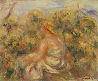 Vrouw met hoed in een landschap (ca. 1918) door Pierre Auguste Renoir